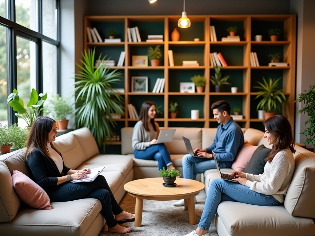 Four young adults are working on laptops in a cozy lounge with plants and bookshelves, engaged in discussion.