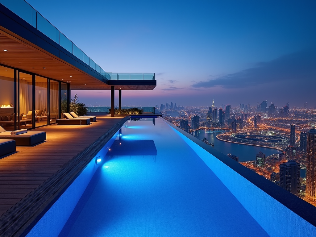 A stunning infinity pool with city views at twilight, featuring modern lounge chairs and a sleek wooden deck.