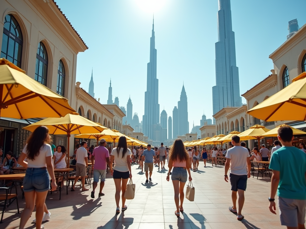 People walking near outdoor cafes with Burj Khalifa in the backdrop on a sunny day.