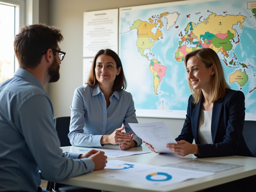 Three professionals are engaged in a discussion at a table, with a world map displayed behind them.