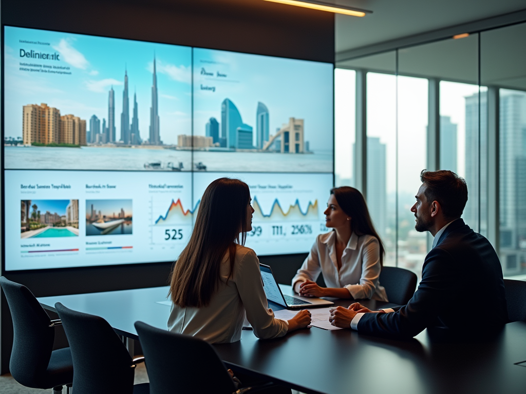 Three professionals discussing data with cityscape photo and graphs on a large screen in a modern office.