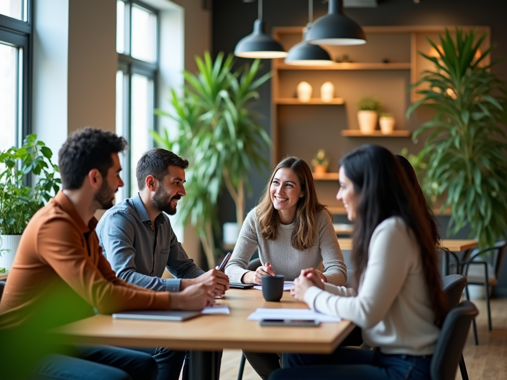 Group of four people having a friendly discussion around a table in a modern, plant-decorated cafe.