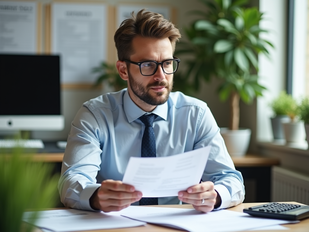 Businessman in glasses reading documents in an office setting.