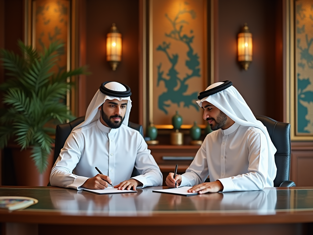 Two men in traditional Emirati attire writing at a desk in an ornate room.