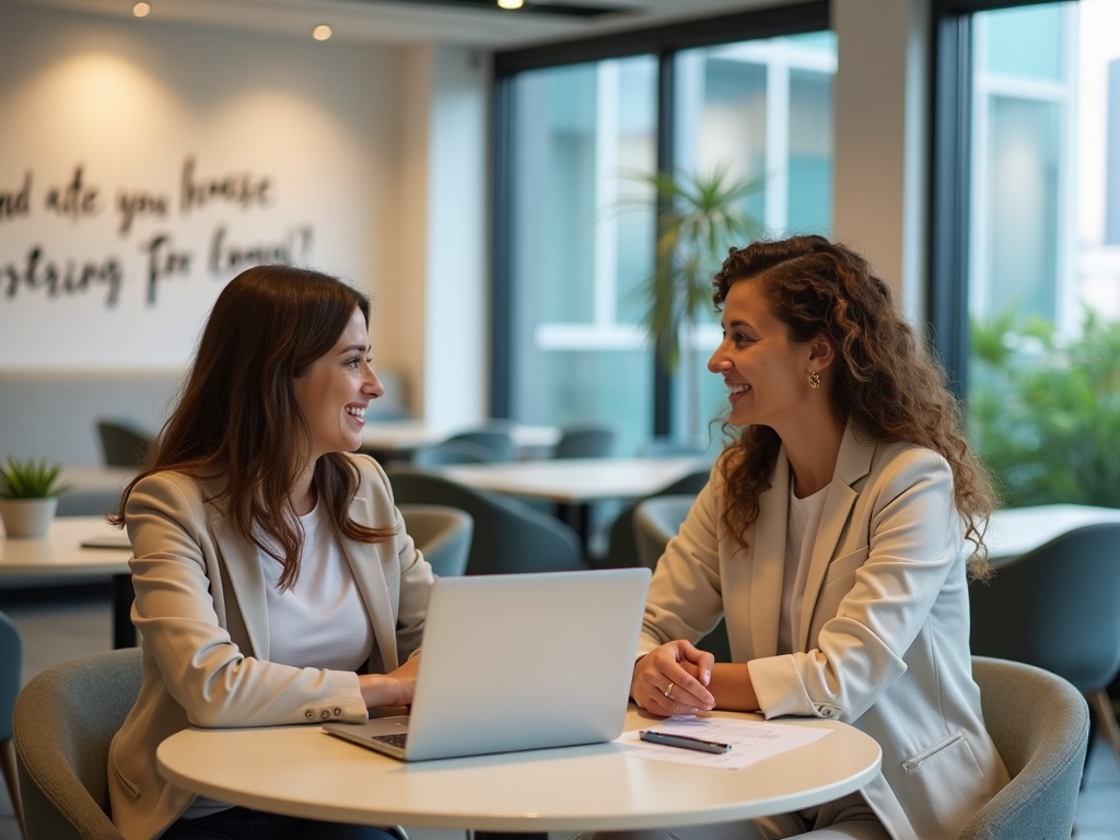 Two women smiling and conversing at a table with a laptop in a modern office setting.